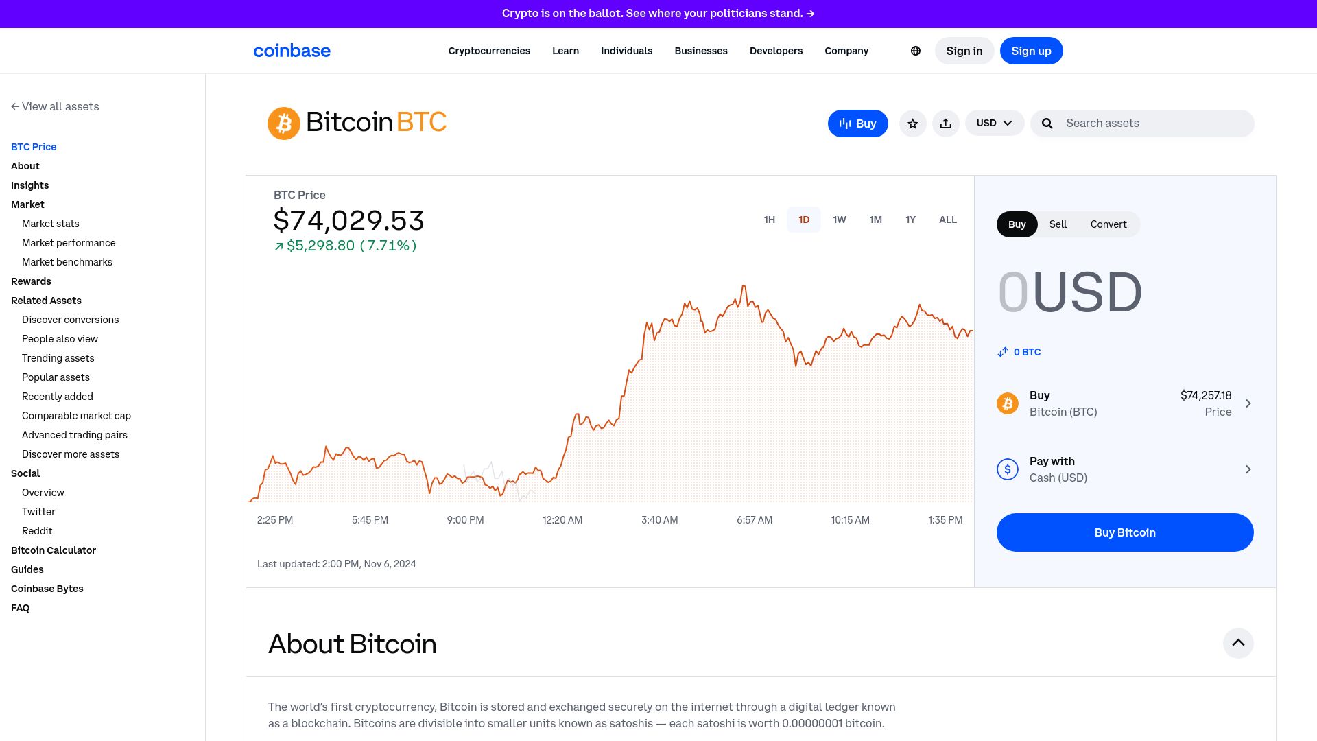 Screenshot of coinbase.com: Bitcoin has made a new all-time high price