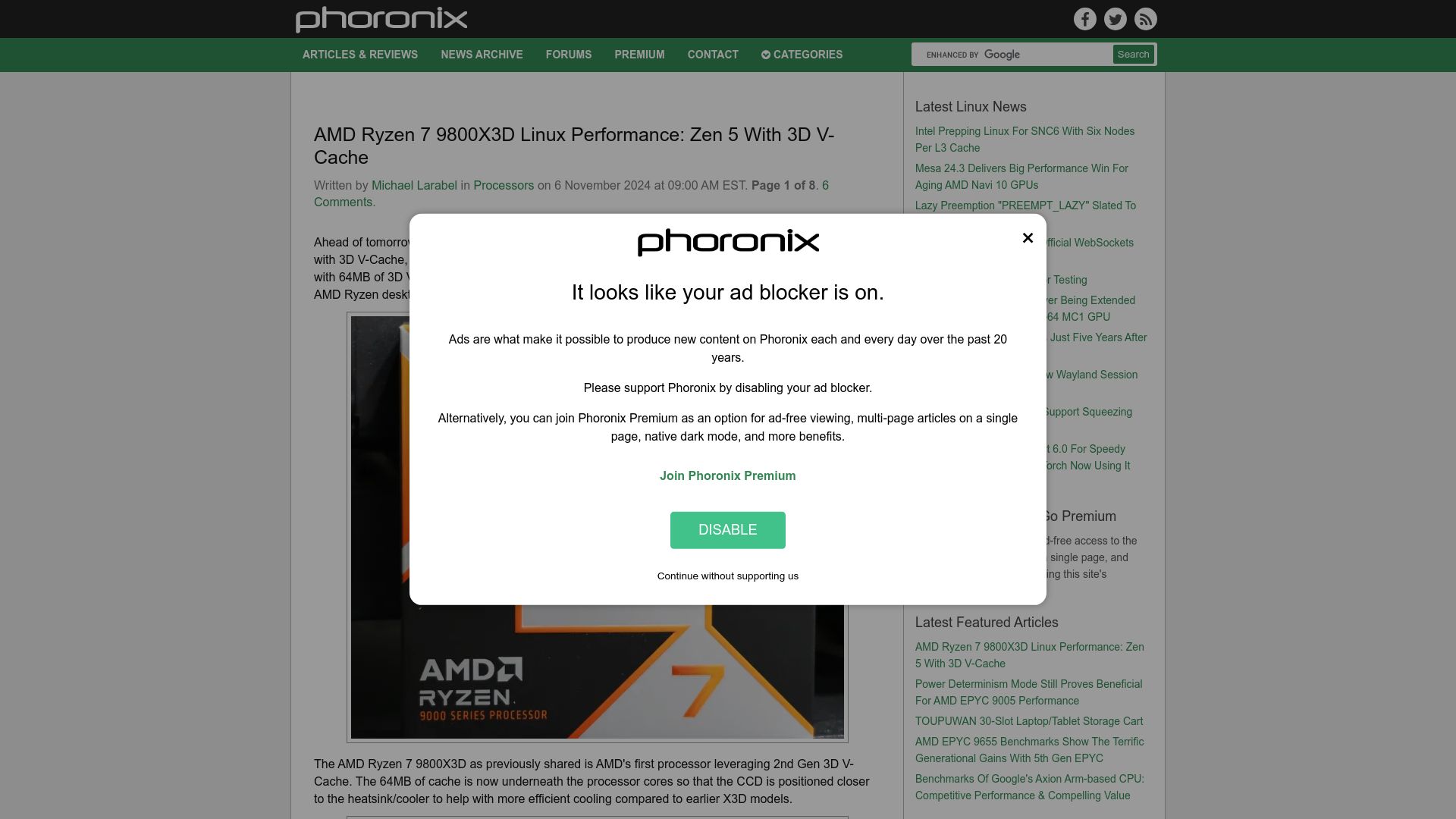 Screenshot of phoronix.com: AMD Ryzen 7 9800X3D Linux Performance: Zen 5 With 3D V-Cache