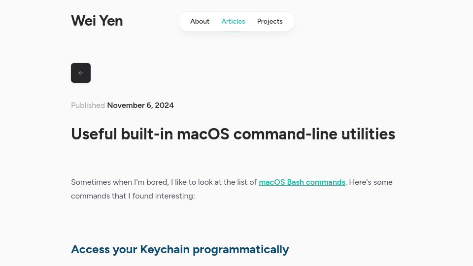 Screenshot of weiyen.net: Useful built-in macOS command-line utilities