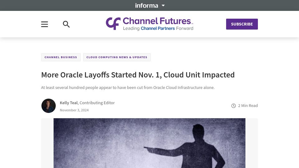 Screenshot of channelfutures.com: More Oracle Layoffs Started Nov. 1, Cloud Unit Impacted