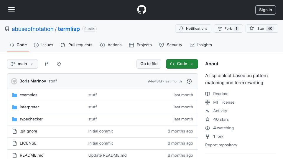 Screenshot of github.com: Show HN: Term-Lisp – A Lisp, based on pattern matching and term rewriting