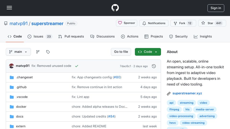 Screenshot of github.com: Superstreamer – OSS streaming toolkit from video source to player