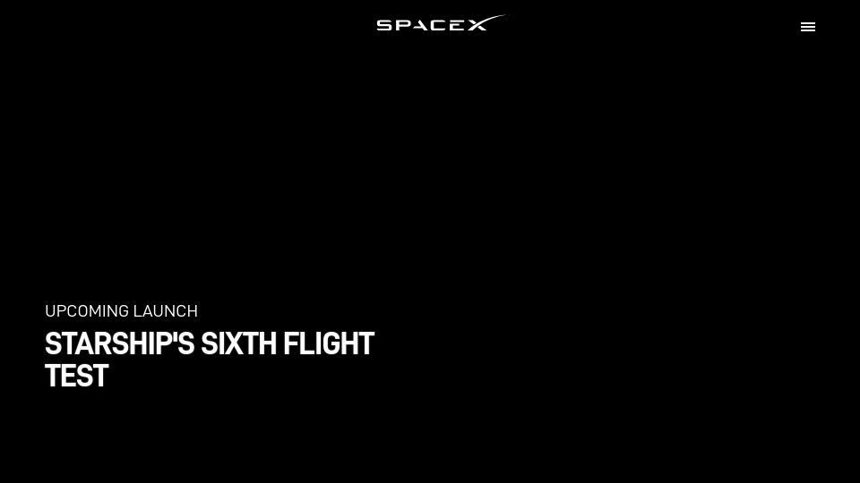 Screenshot of spacex.com: Starship's Sixth Flight Test