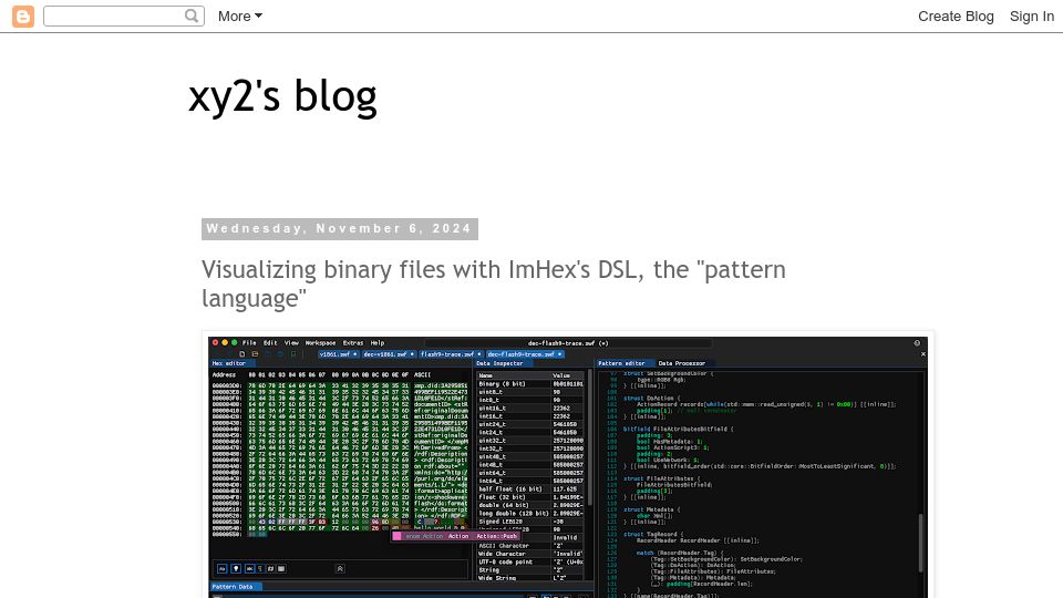 Screenshot of xy2i.blogspot.com: Visualizing binary files with ImHex's DSL, the "pattern language"