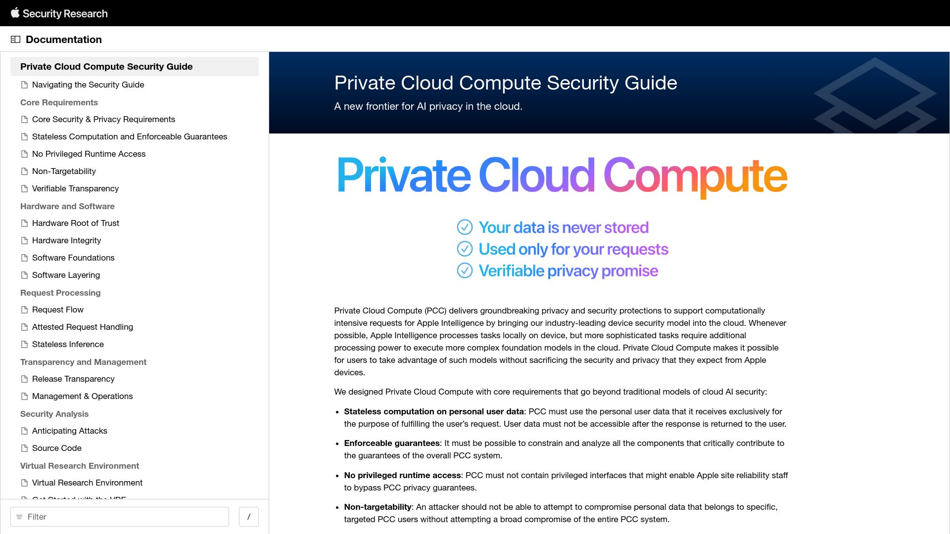 Screenshot of security.apple.com: Private Cloud Compute Security Guide