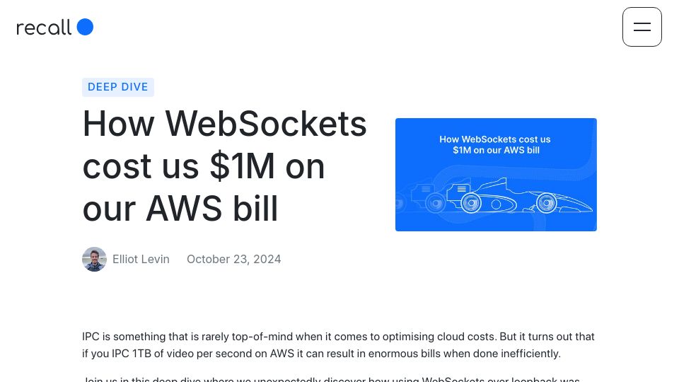 Screenshot of recall.ai: WebSockets cost us $1M on our AWS bill