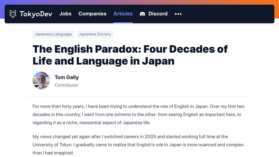 Screenshot of tokyodev.com: The English Paradox: Four decades of life and language in Japan