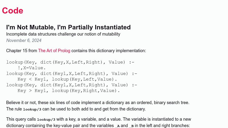 Screenshot of blog.dnmfarrell.com: I'm not mutable, I'm partially instantiated