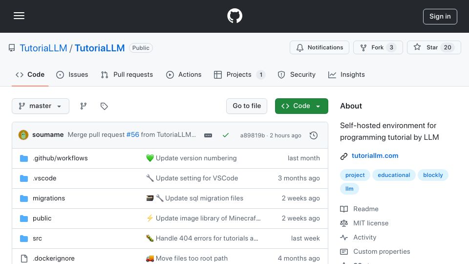 Screenshot of github.com: Show HN: TutoriaLLM – AI Integrated programming tutorials