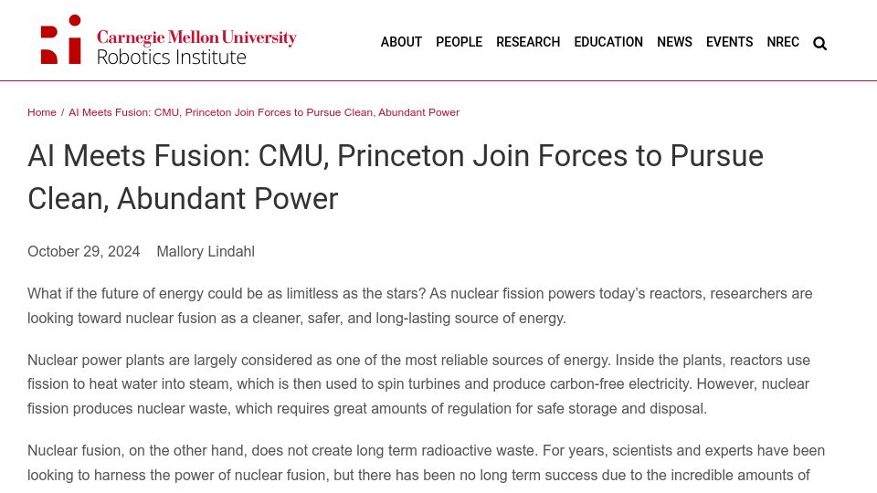 Screenshot of control.princeton.edu: AI for real-time fusion plasma behavior prediction and manipulation