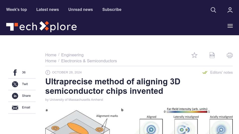 Screenshot of techxplore.com: Ultraprecise method of aligning 3D semiconductor chips invented