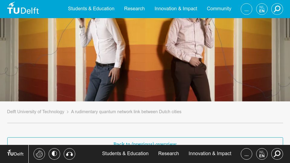 Screenshot of tudelft.nl: A rudimentary quantum network link between Dutch cities
