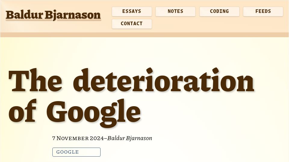 Screenshot of baldurbjarnason.com: The Deterioration of Google
