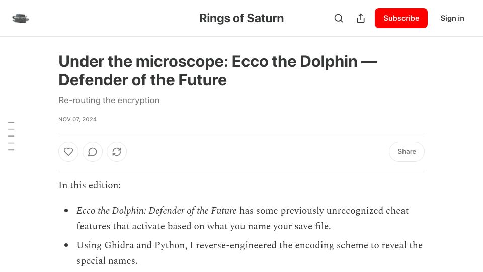 Screenshot of 32bits.substack.com: Using Ghidra and Python to reverse engineer Ecco the Dolphin