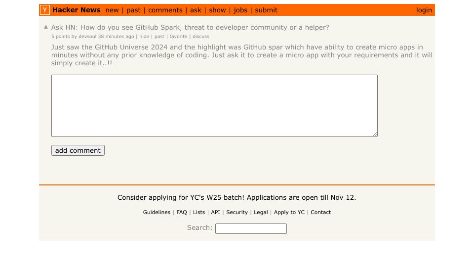 Screenshot of Hacker News post: Ask HN: How do you see GitHub Spark, threat to developer community or a helper?