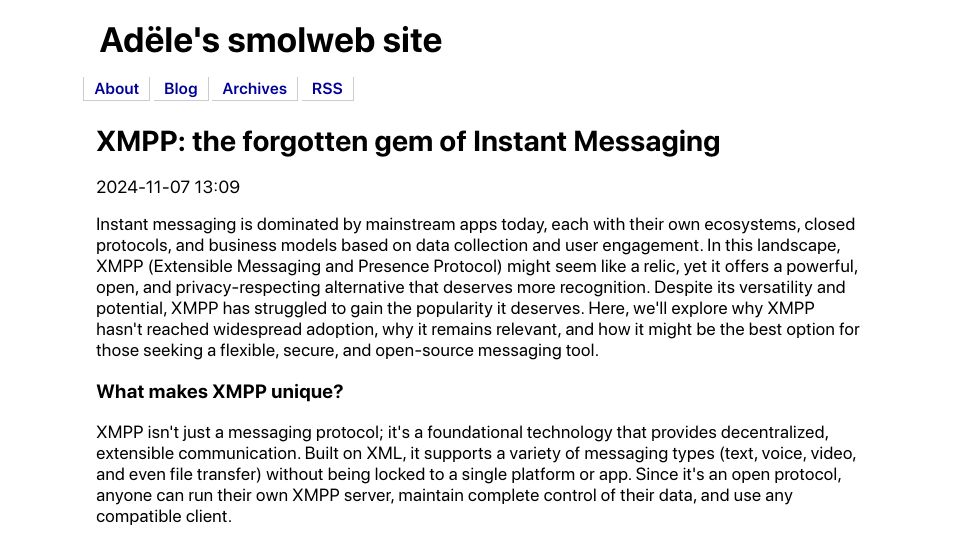 Screenshot of adele.pages.casa: XMPP: The Gem of Instant Messaging