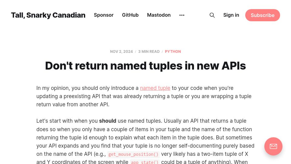 Screenshot of snarky.ca: Don't return named tuples in new APIs
