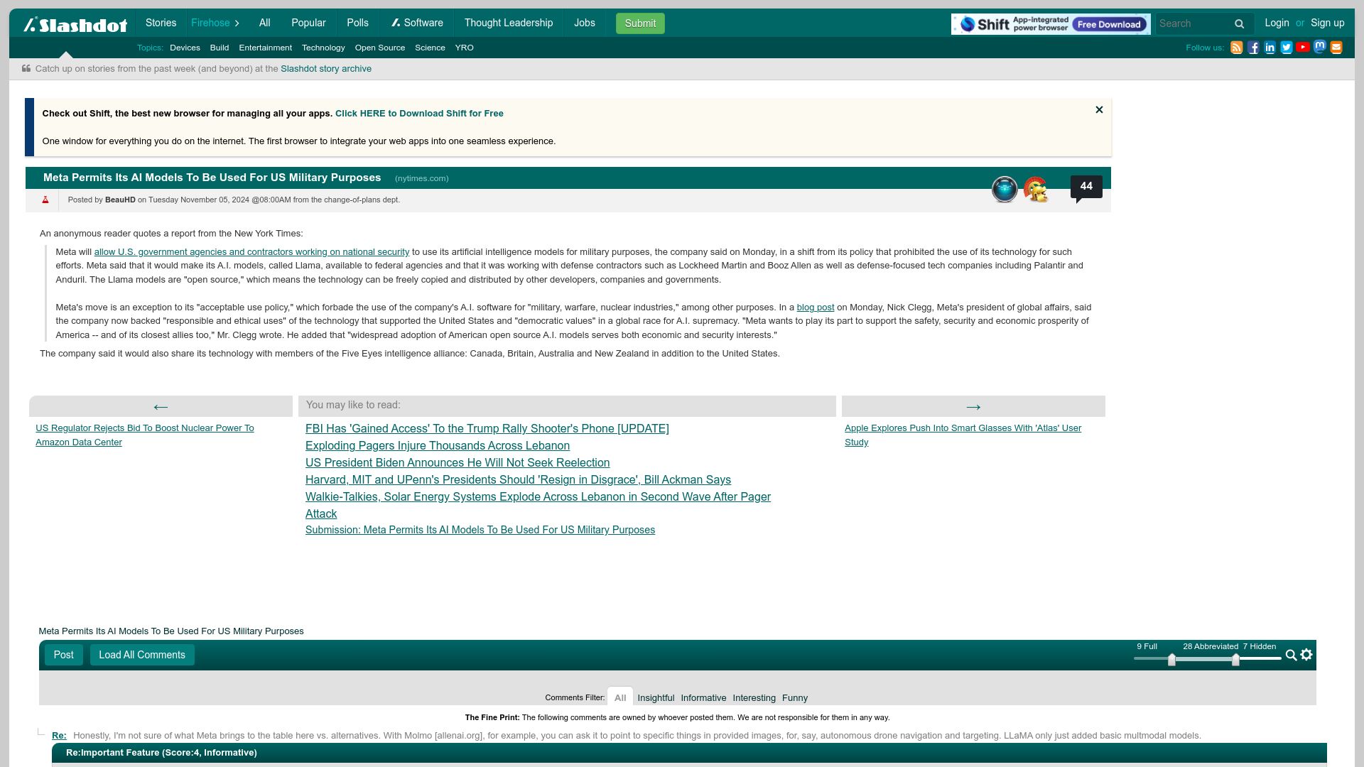 Screenshot of news.slashdot.org: Meta does a U-turn, will share its technology with Five Eyes members