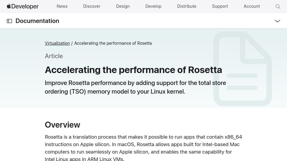 Screenshot of developer.apple.com: Accelerating the Performance of Rosetta in Linux VMs on Apple Silicon