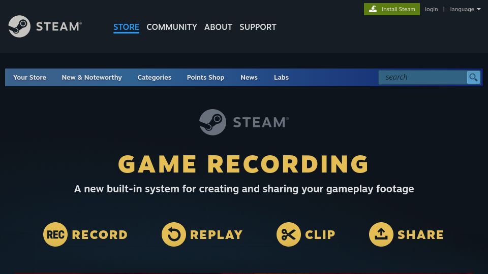 Screenshot of store.steampowered.com: Steam releases new built-in recording feature