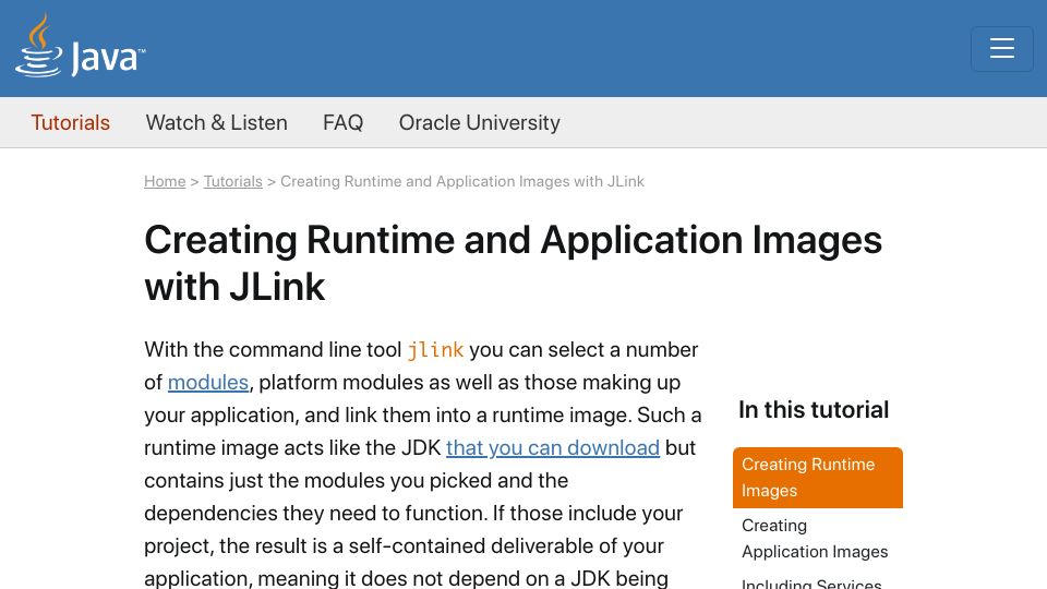 Screenshot of dev.java: Creating Runtime and Application Images with JLink