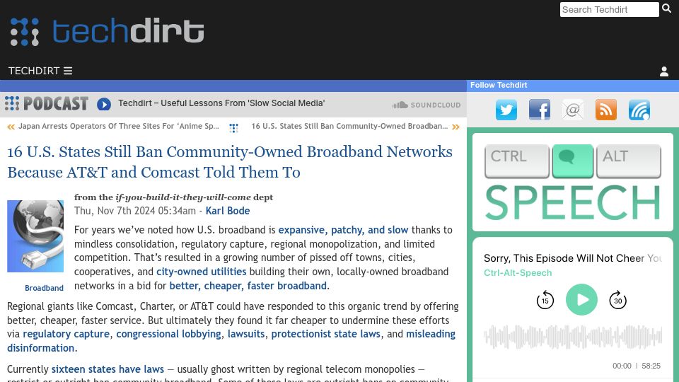 Screenshot of techdirt.com: Sixteen U.S. states still ban community-owned broadband networks