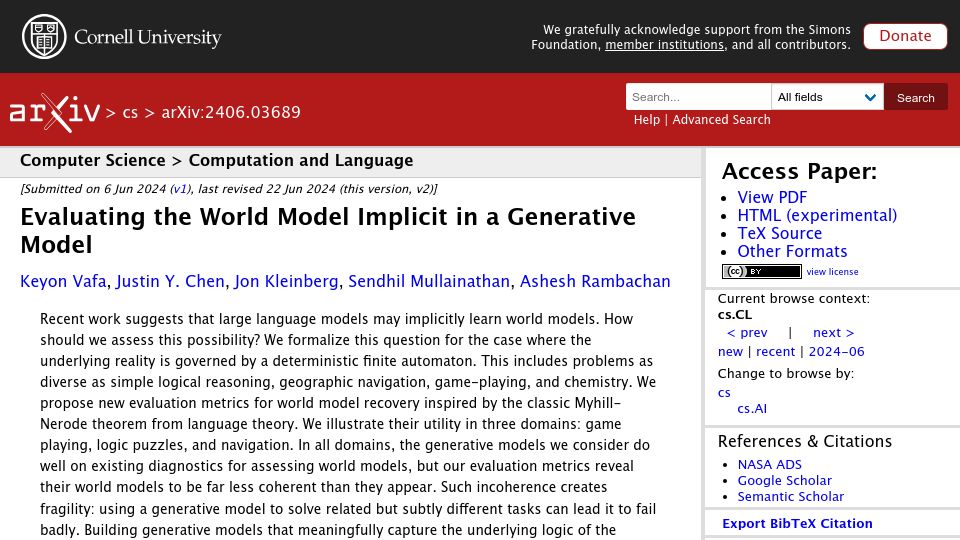 Screenshot of arxiv.org: Evaluating the world model implicit in a generative model