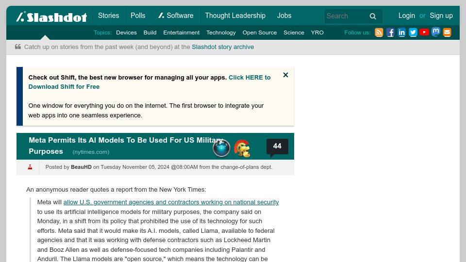 Screenshot of news.slashdot.org: Meta does a U-turn, will share its technology with Five Eyes members