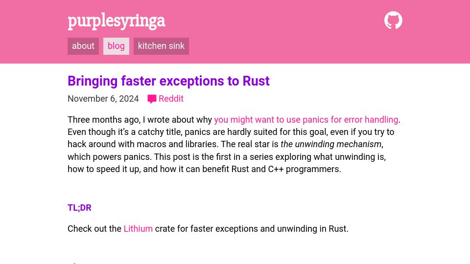 Screenshot of purplesyringa.moe: Bringing Faster Exceptions to Rust
