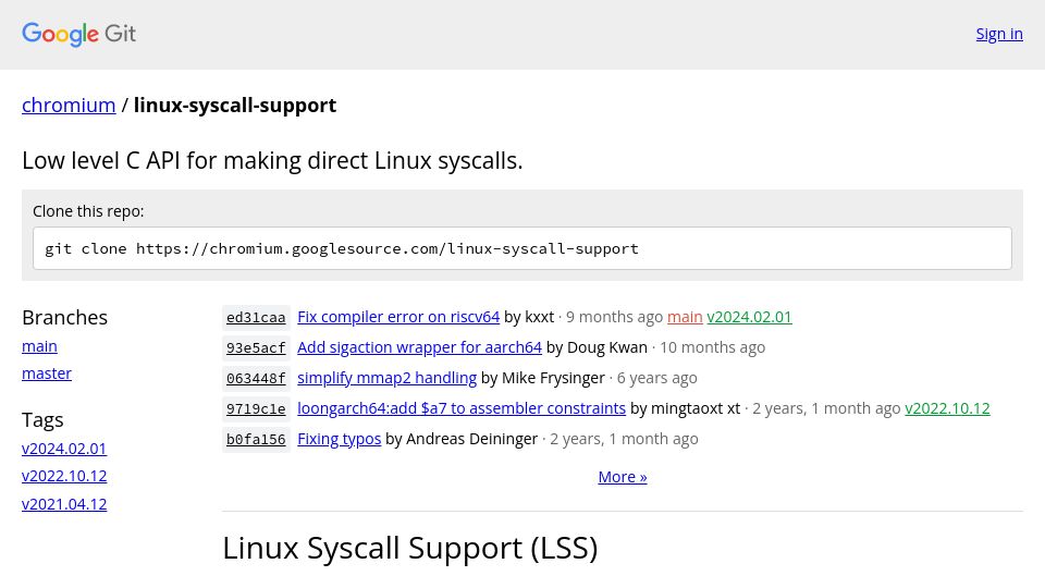 Screenshot of chromium.googlesource.com: Linux Syscall Support