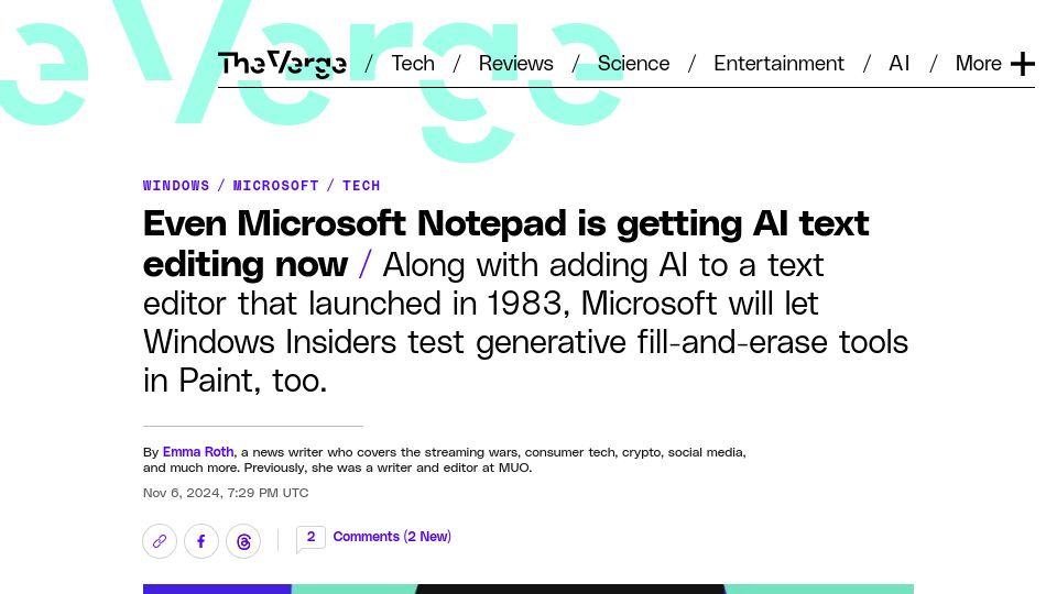Screenshot of theverge.com: Even Microsoft Notepad is getting AI text editing now