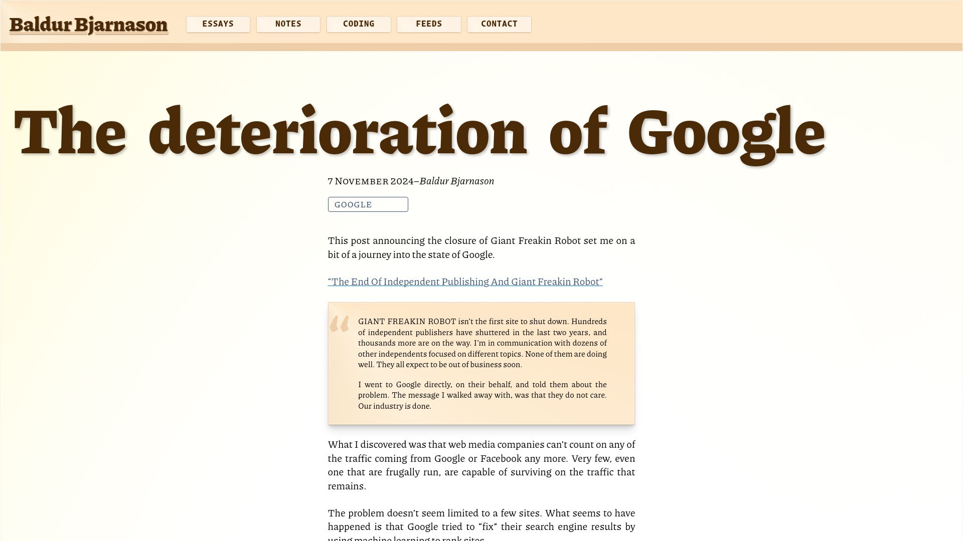 Screenshot of baldurbjarnason.com: The Deterioration of Google