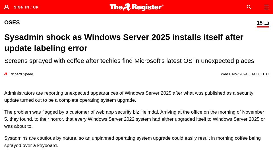 Screenshot of theregister.com: Sysadmin shock as Windows Server 2025 installs itself after labeling error