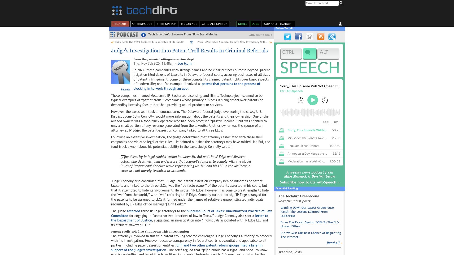 Screenshot of techdirt.com: Judge's Investigation into Patent Troll Results in Criminal Referrals