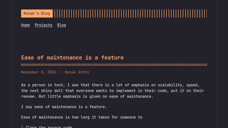 Screenshot of ronakgothi.com: Ease of maintenance is a feature