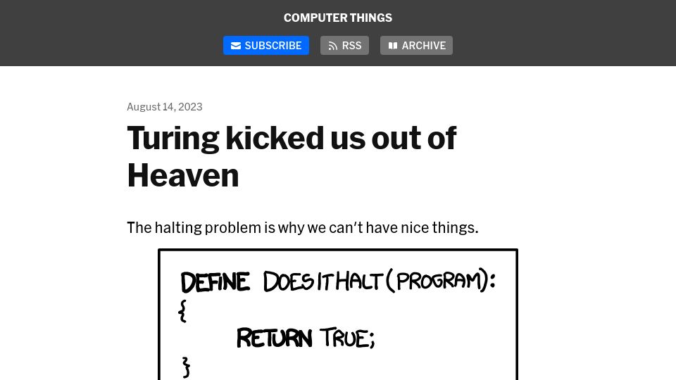 Screenshot of buttondown.com: Turing kicked us out of Heaven (2023)