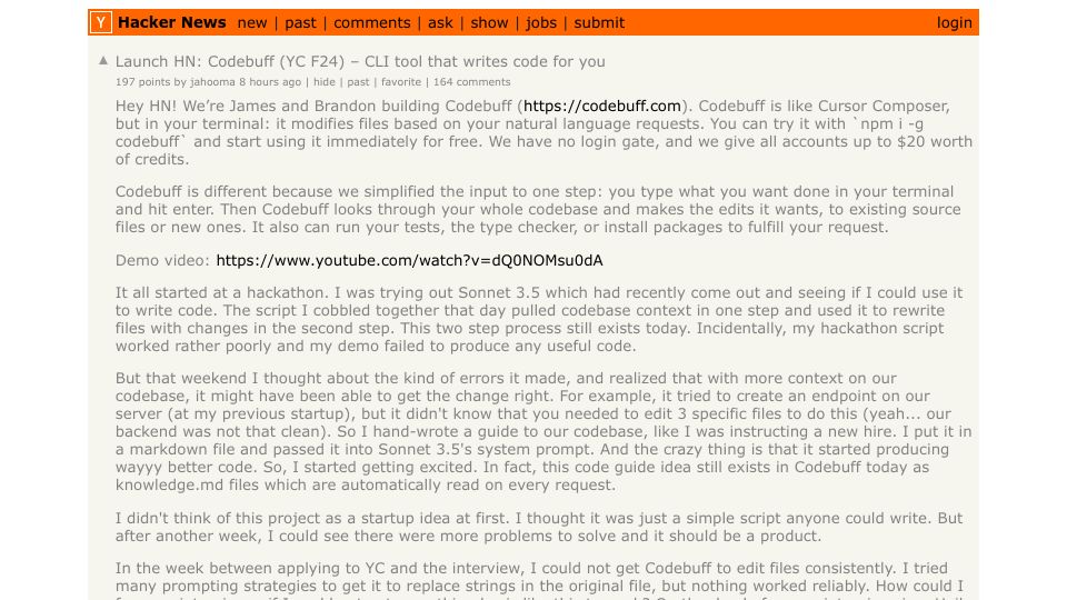 Screenshot of Hacker News post: Launch HN: Codebuff (YC F24) – CLI tool that writes code for you