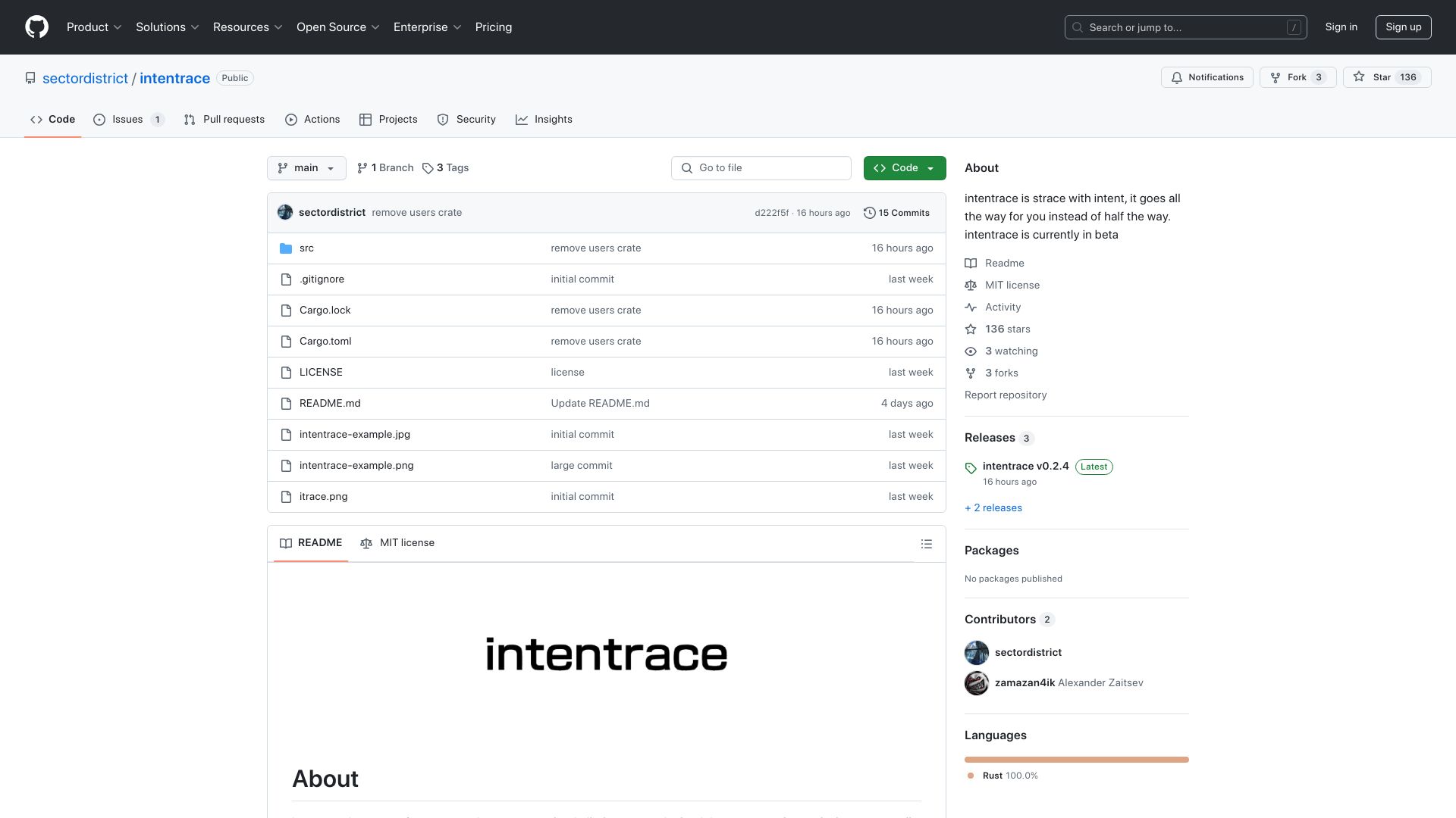 Screenshot of github.com: Intentrace: Strace for Everyone