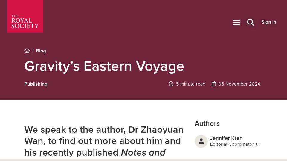 Screenshot of royalsociety.org: Gravity's Eastern Voyage