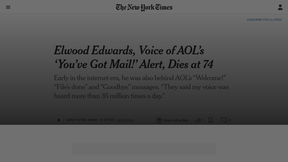 Screenshot of nytimes.com: Elwood Edwards, voice of AOL's 'you've got mail' alert, has died