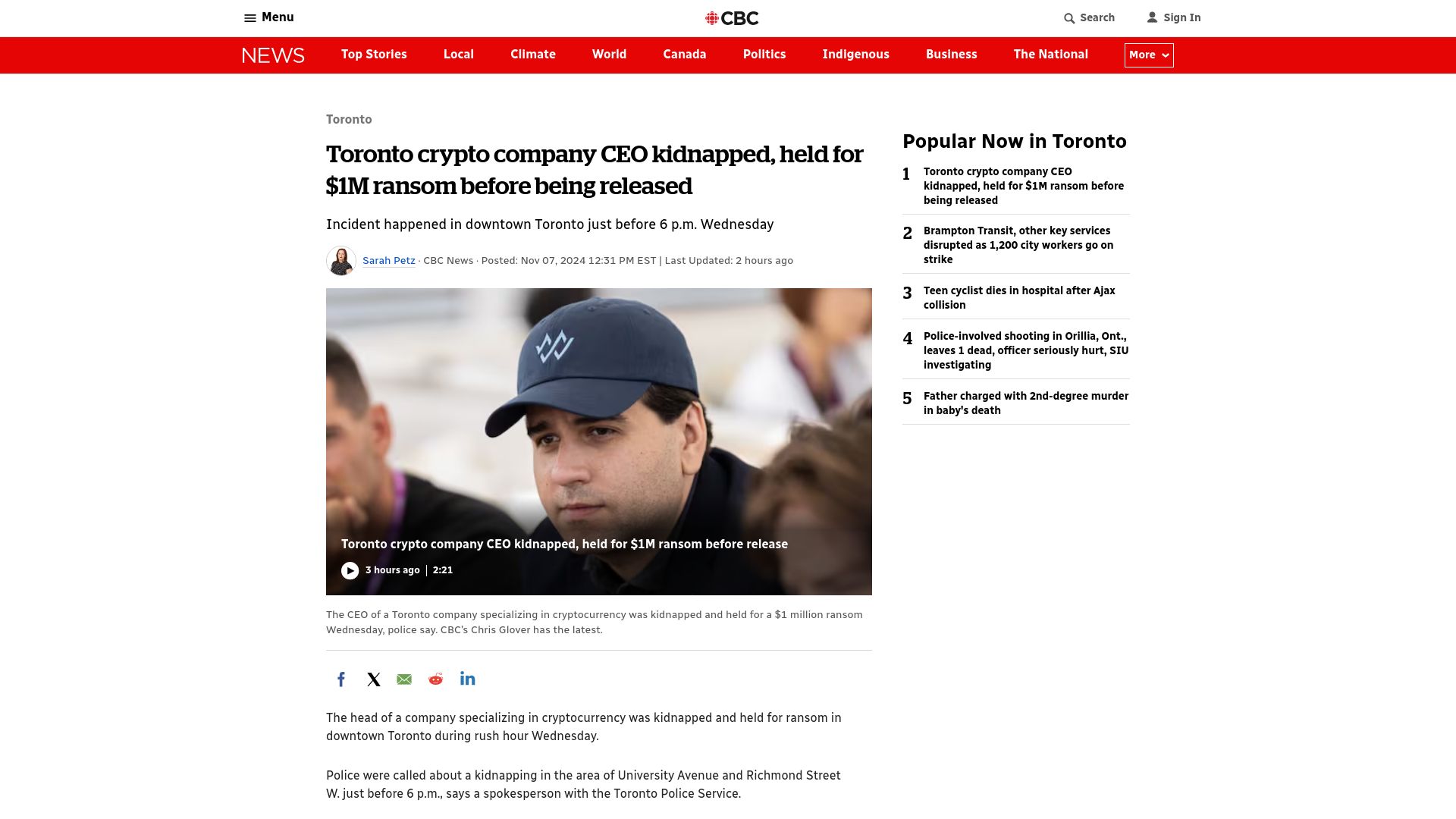 Screenshot of cbc.ca: Toronto crypto company CEO kidnapped, held for $1M ransom before being released