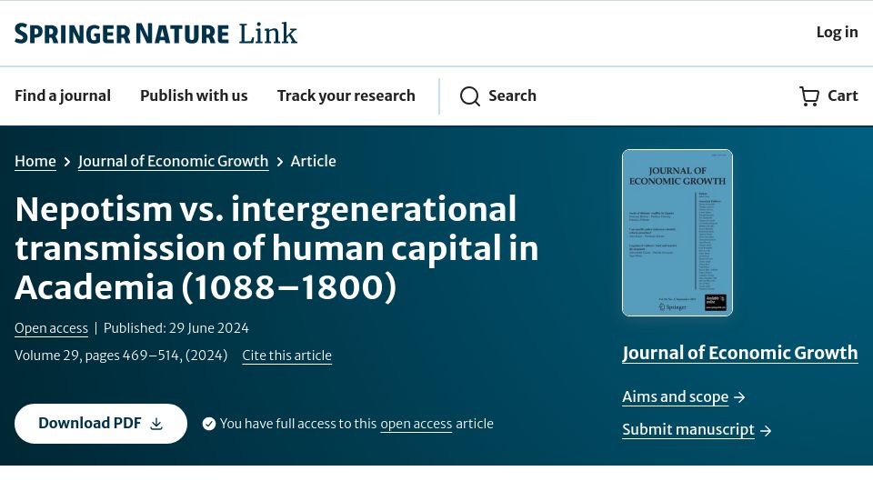 Screenshot of link.springer.com: The evolution of nepotism in academia, 1088-1800