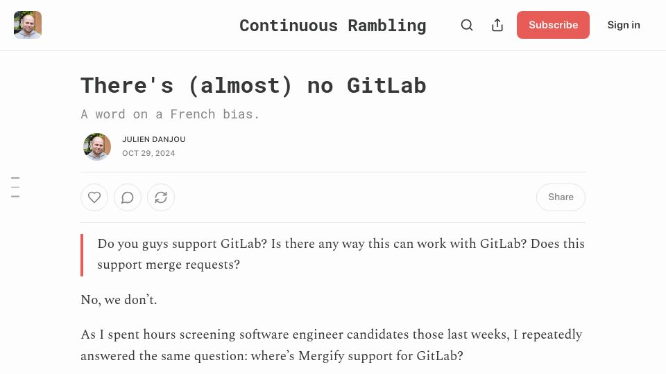 Screenshot of julien.danjou.info: There's Almost No Gitlab