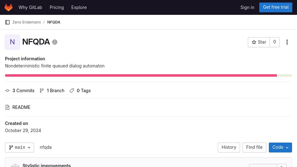 Screenshot of gitlab.com: Show HN: Nondeterministic finite queued dialog automaton