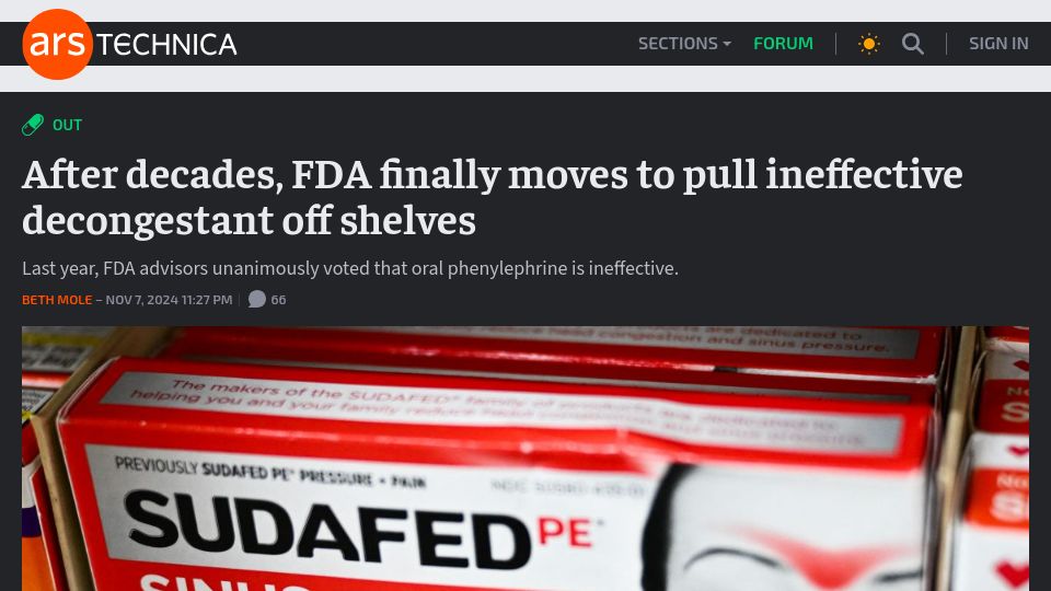 Screenshot of arstechnica.com: After decades, FDA moves to pull ineffective decongestant off shelves