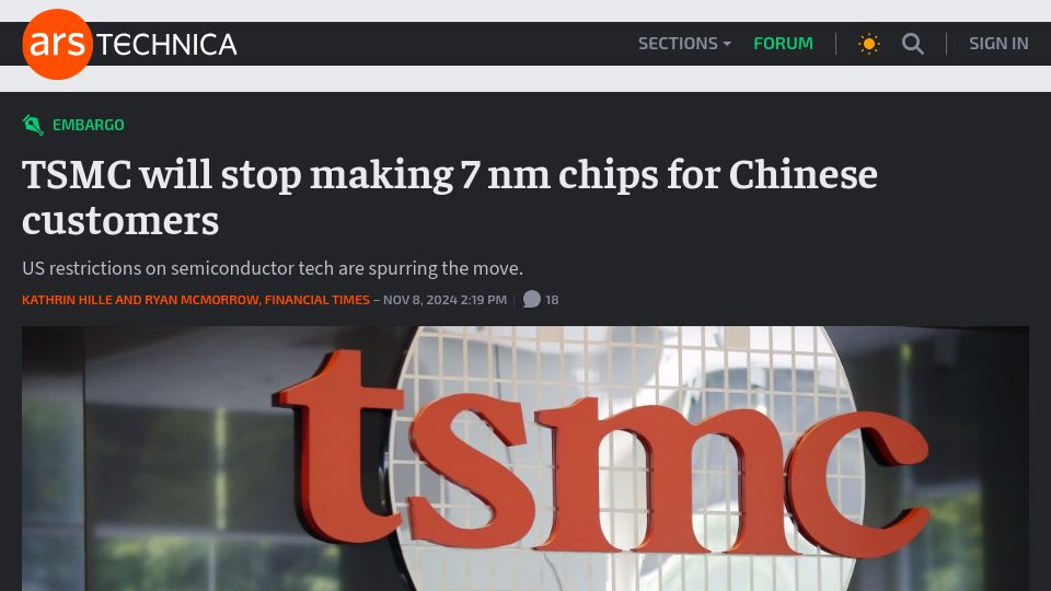 Screenshot of arstechnica.com: TSMC will stop making 7 nm chips for Chinese customers