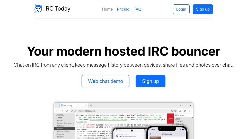 Screenshot of irctoday.com: IRC Today hosted IRC bouncer