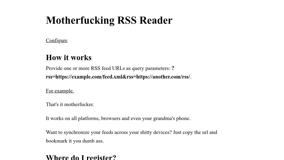 Screenshot of motherfuckingrssreader.com: Show HN: Motherfuckingrssreader.com