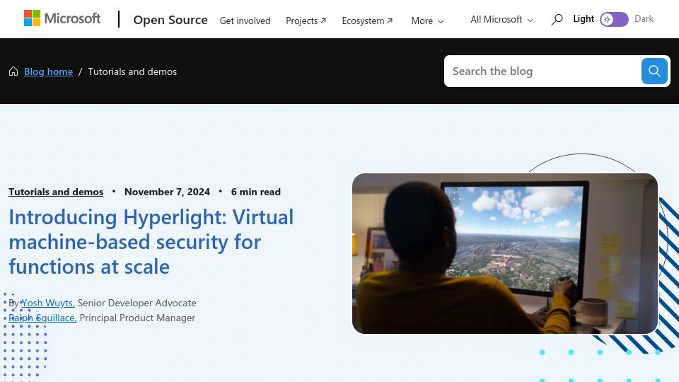 Screenshot of opensource.microsoft.com: Hyperlight: Virtual machine-based security for functions at scale