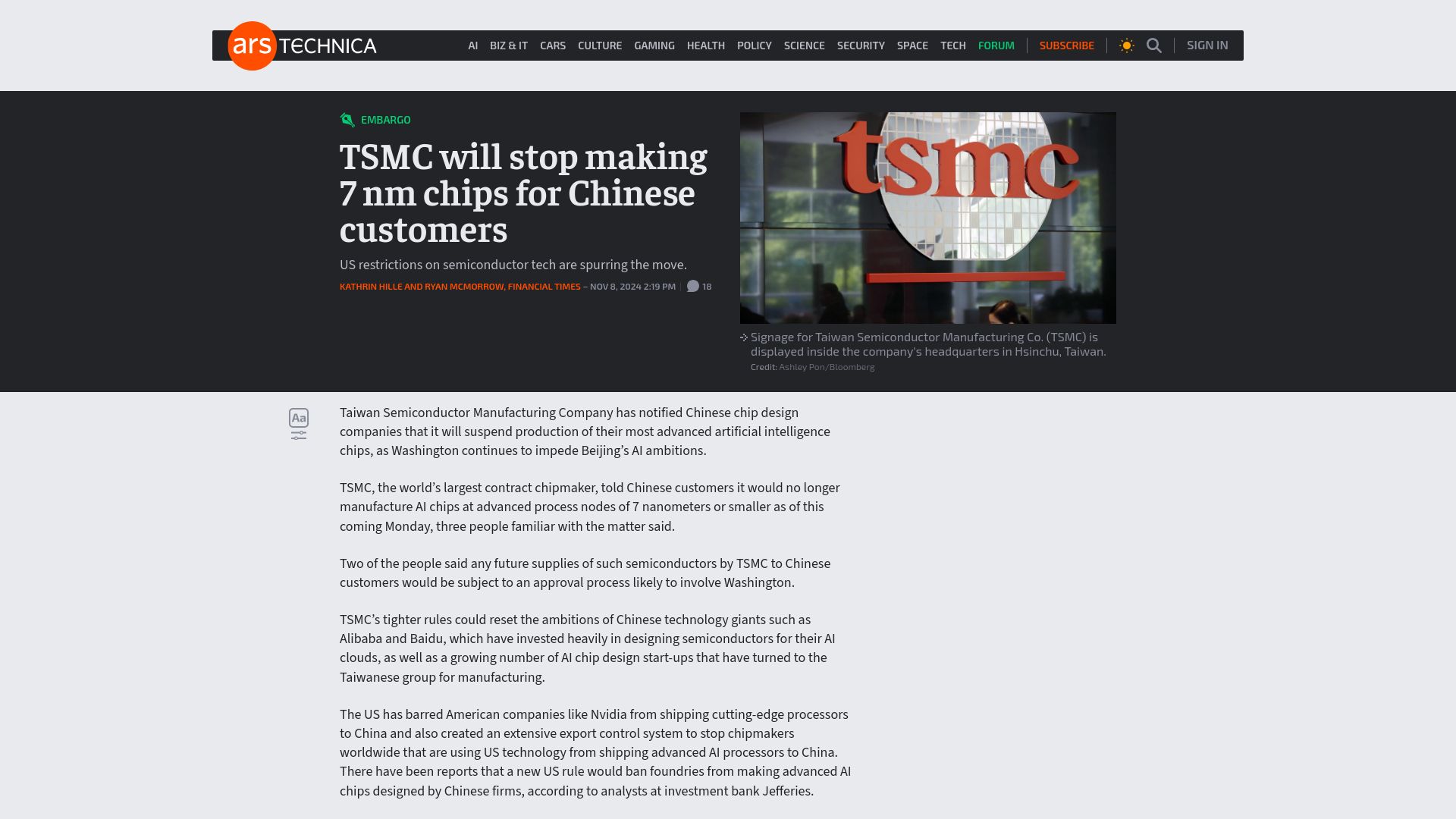 Screenshot of arstechnica.com: TSMC will stop making 7 nm chips for Chinese customers
